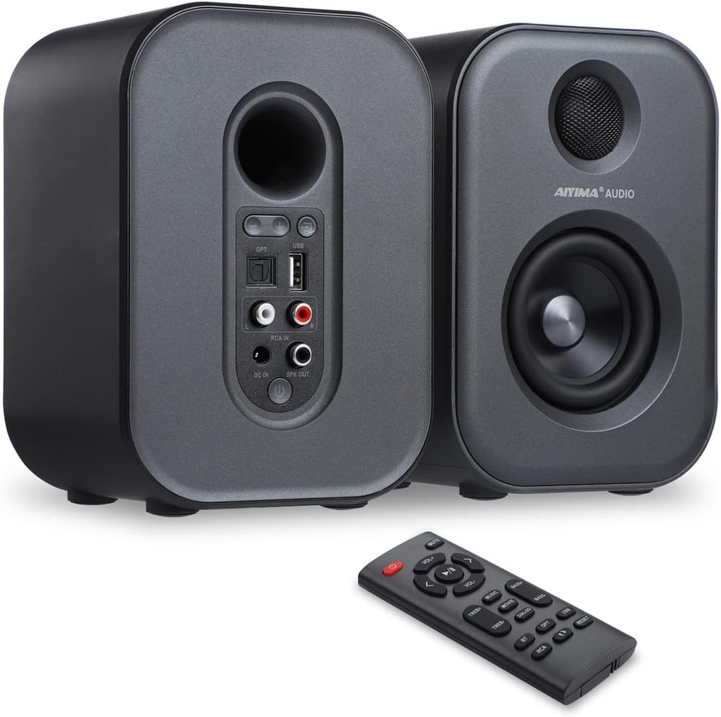 AIYIMA S400 80W Active Bookshelf Speakers with Bluetooth, Optical, RCA, USB Input, Woofer & Horn Tweeter – 2.0 Channel Home Audio for TV, with Remote Control