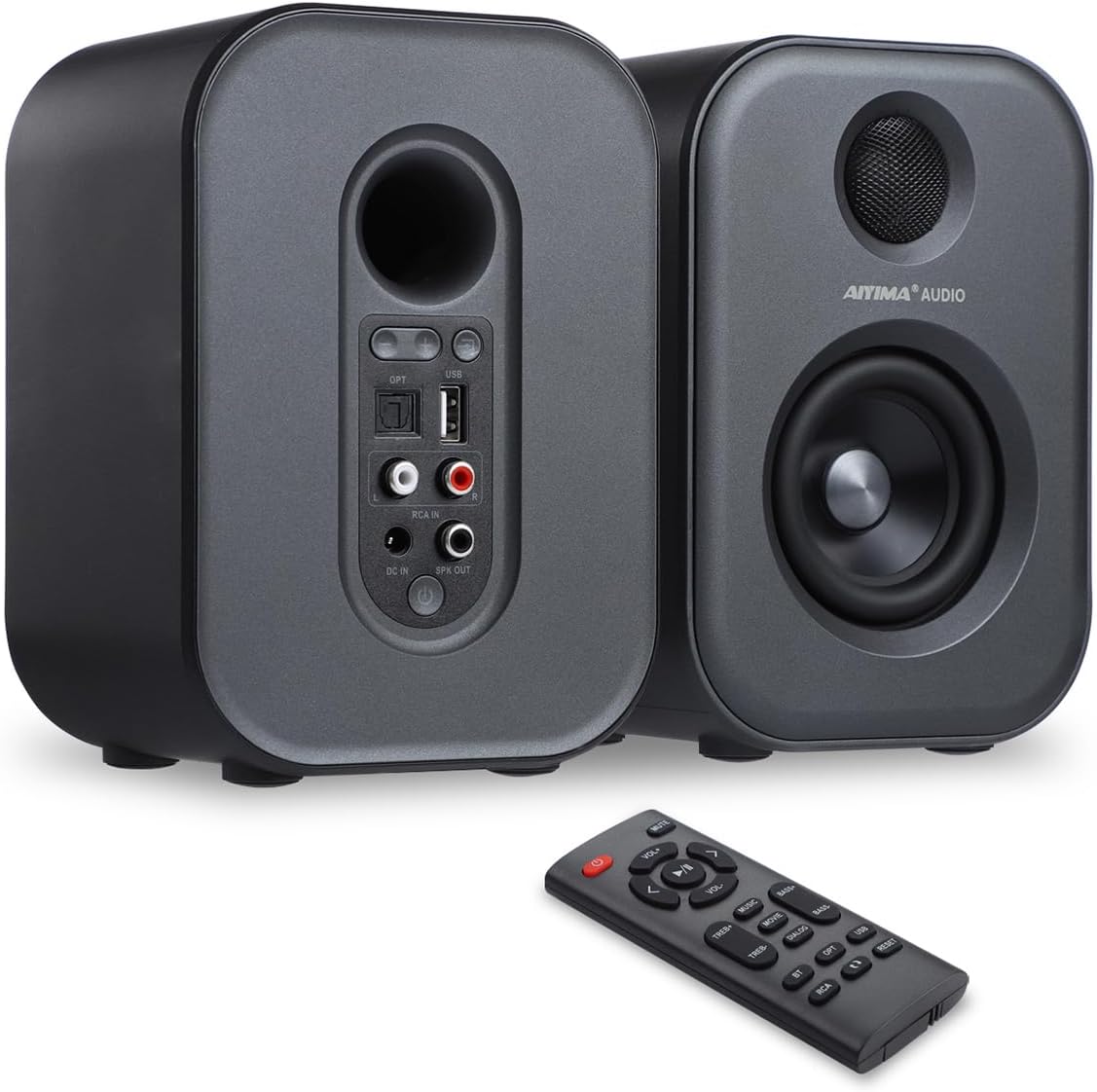 AIYIMA S400 80W Active Bookshelf Speakers with Bluetooth, Optical, RCA, USB Input, Woofer & Horn Tweeter – 2.0 Channel Home Audio for TV, with Remote Control