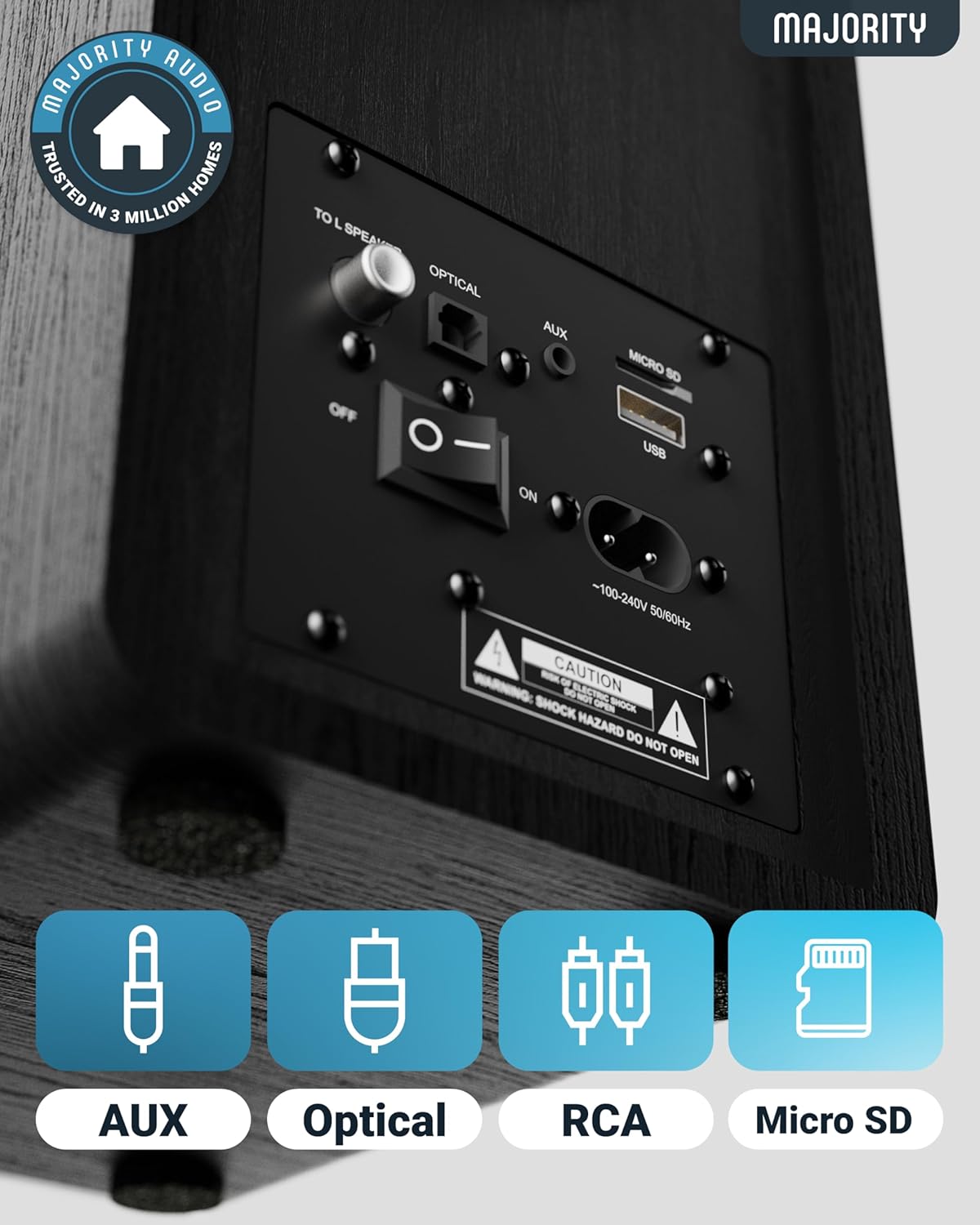 Majority D40 Powered Active Bookshelf Speakers – 2.0 Channel HiFi Stereo Sound, Bluetooth, Optical, RCA, USB, Aux Inputs, Digital Controls, Amplified Studio Speakers