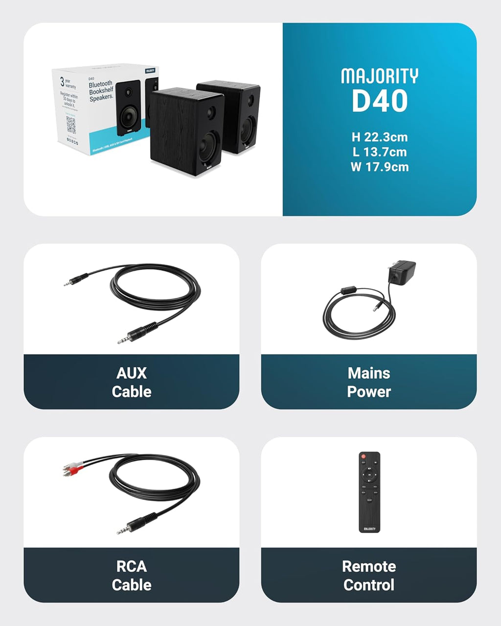 Majority D40 Powered Active Bookshelf Speakers – 2.0 Channel HiFi Stereo Sound, Bluetooth, Optical, RCA, USB, Aux Inputs, Digital Controls, Amplified Studio Speakers