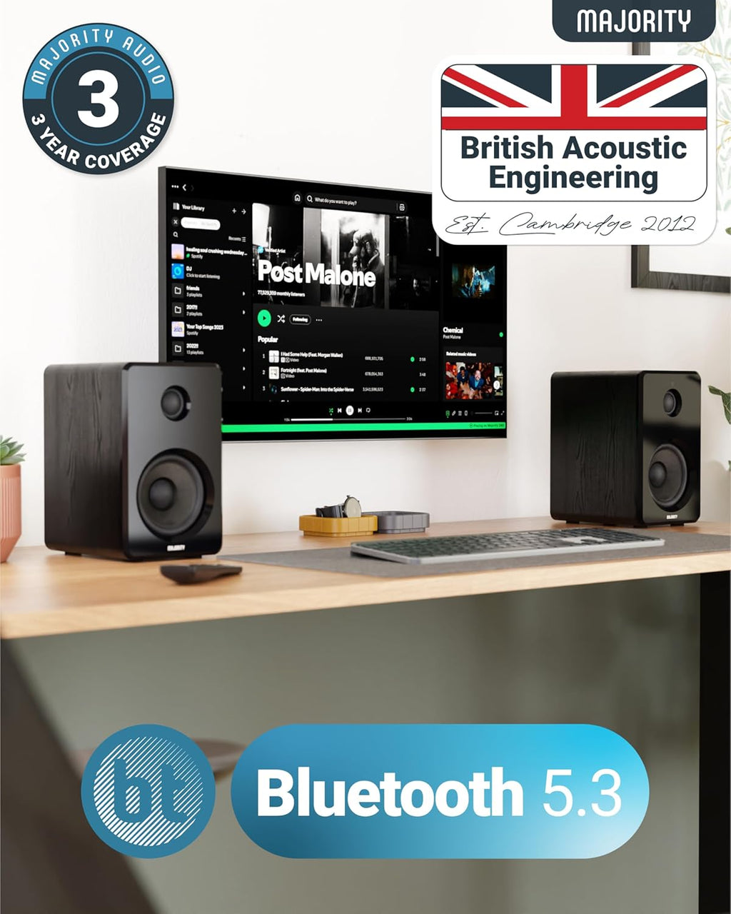 Majority D40 Powered Active Bookshelf Speakers – 2.0 Channel HiFi Stereo Sound, Bluetooth, Optical, RCA, USB, Aux Inputs, Digital Controls, Amplified Studio Speakers
