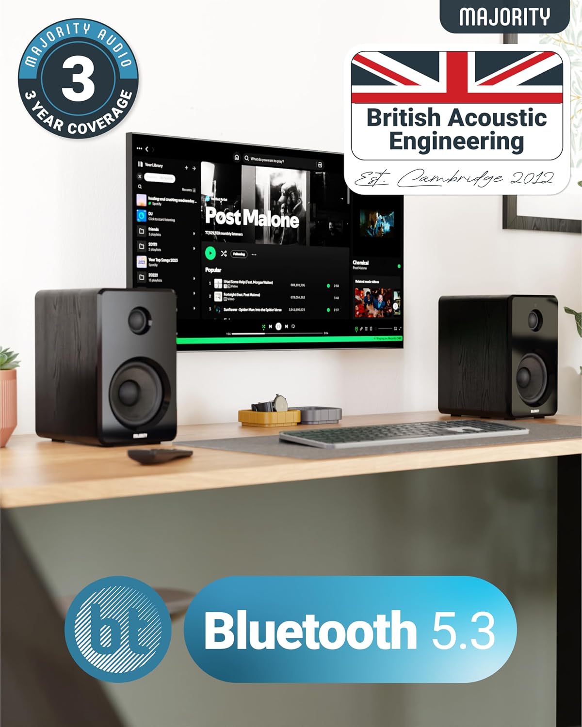 Majority D40 Powered Active Bookshelf Speakers – 2.0 Channel HiFi Stereo Sound, Bluetooth, Optical, RCA, USB, Aux Inputs, Digital Controls, Amplified Studio Speakers