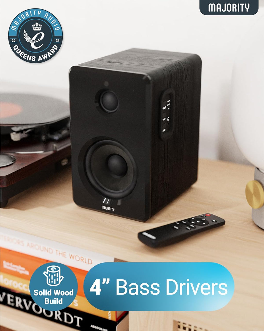 Majority D40 Powered Active Bookshelf Speakers – 2.0 Channel HiFi Stereo Sound, Bluetooth, Optical, RCA, USB, Aux Inputs, Digital Controls, Amplified Studio Speakers
